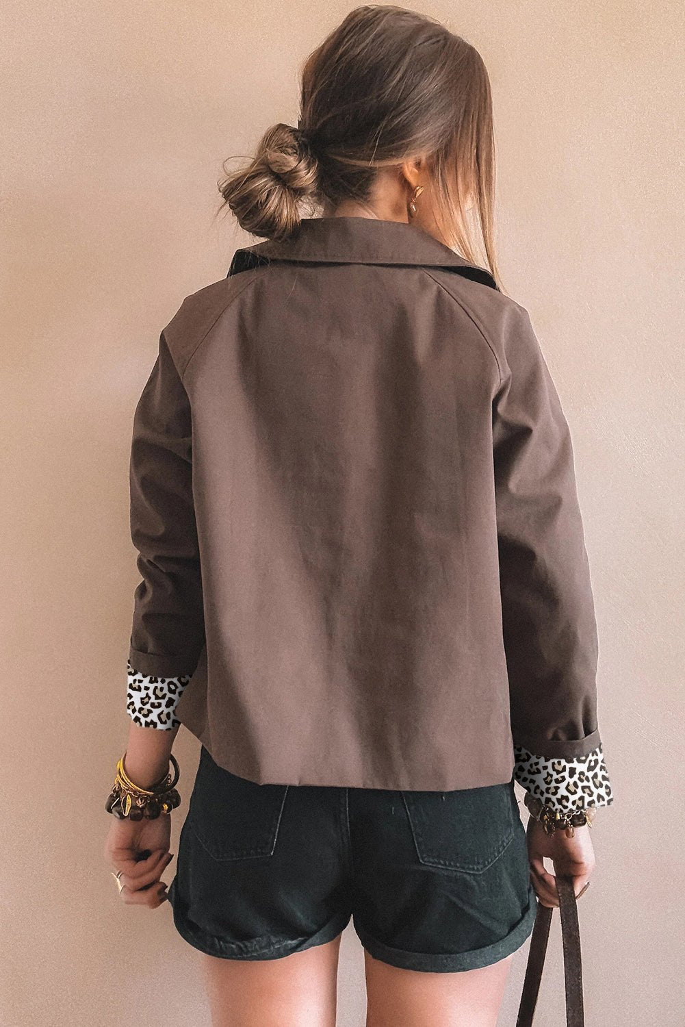 Chic Women's Dark Brown Leopard Print Jacket with Shirt Collar & Button Closure Effortless Style for Every Occasion
