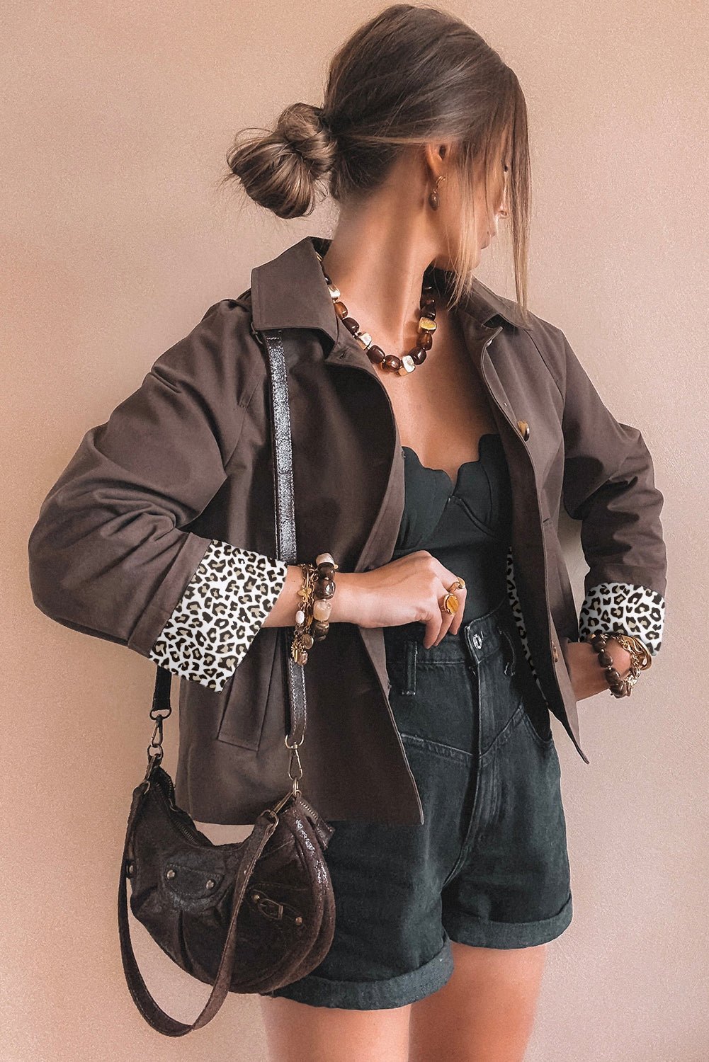 Chic Women's Dark Brown Leopard Print Jacket with Shirt Collar & Button Closure Effortless Style for Every Occasion