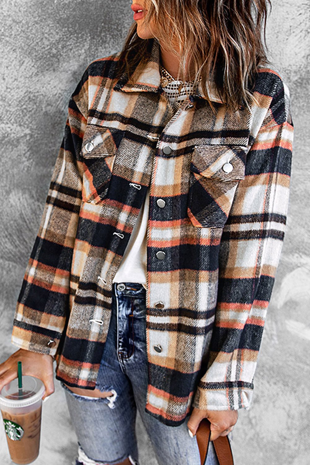 Chic Women's Geometric Plaid Shacket with Pockets - Stylish Layering Jacket for Effortless Casual Outfits