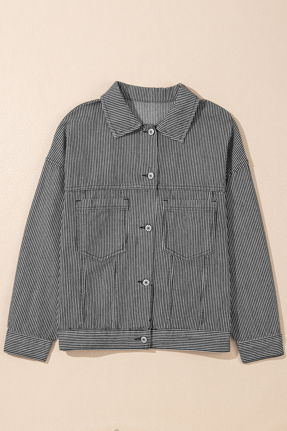 Chic Women's Oversized Blue Striped Denim Jacket with Pockets - Effortless Casual Outerwear for Trendy Everyday Style