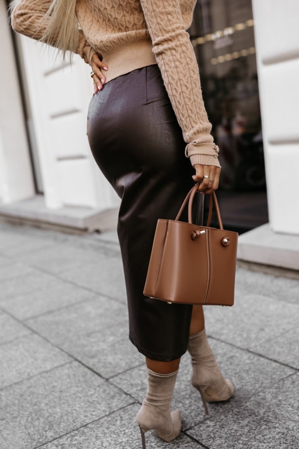 Chicory Coffee High Waist Midi Skirt for Women - Stylish Faux Leather with Flap Pockets and Front Split Detail
