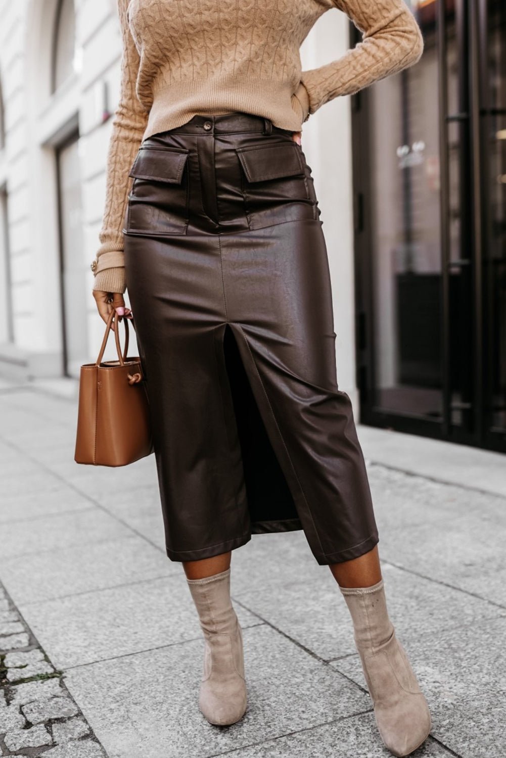 Chicory Coffee High Waist Midi Skirt for Women - Stylish Faux Leather with Flap Pockets and Front Split Detail