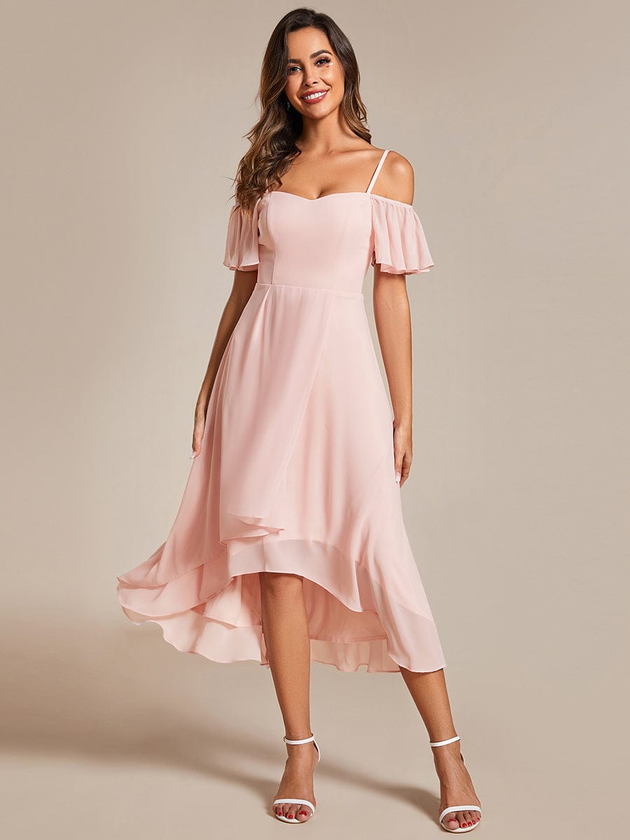 Women's Blush Chiffon Cold-Shoulder Wedding Guest Dress
