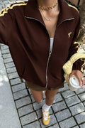 Cozy Women's Coffee Bow Embroidered Zip-Up Sweatshirt Jacket - Stylish Layering Essential for Casual Outings