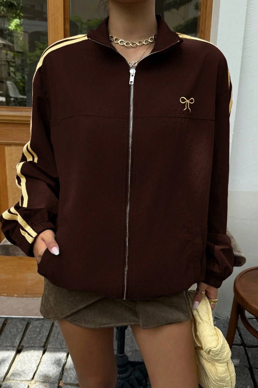 Cozy Women's Coffee Bow Embroidered Zip-Up Sweatshirt Jacket - Stylish Layering Essential for Casual Outings