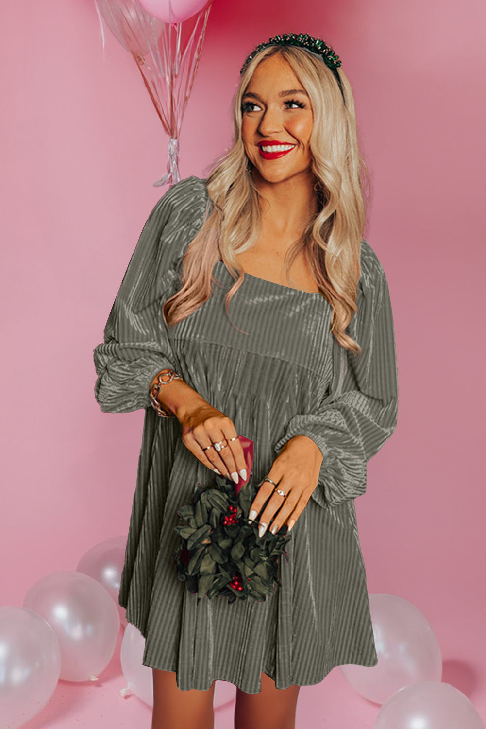 Elegant Women's Gray Velvet Babydoll Dress with Tie Back and Square Neck Stylish, Comfortable Fit for Every Occasion