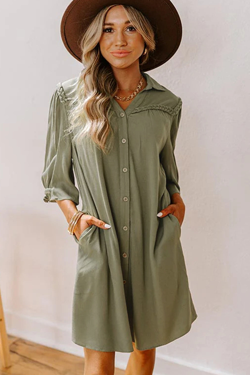 Women's Stylish Solid Color 3/4 Sleeve Mini Shirt Dress with Braided Detail and Four Leaf Clover Design
