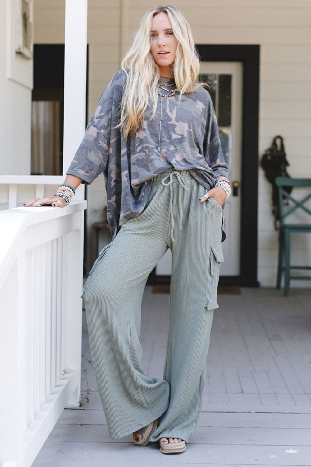 Chic Women's Aqua High Waist Wide Leg Pants with Drawstring & Flap Pockets for Ultimate Comfort and Style