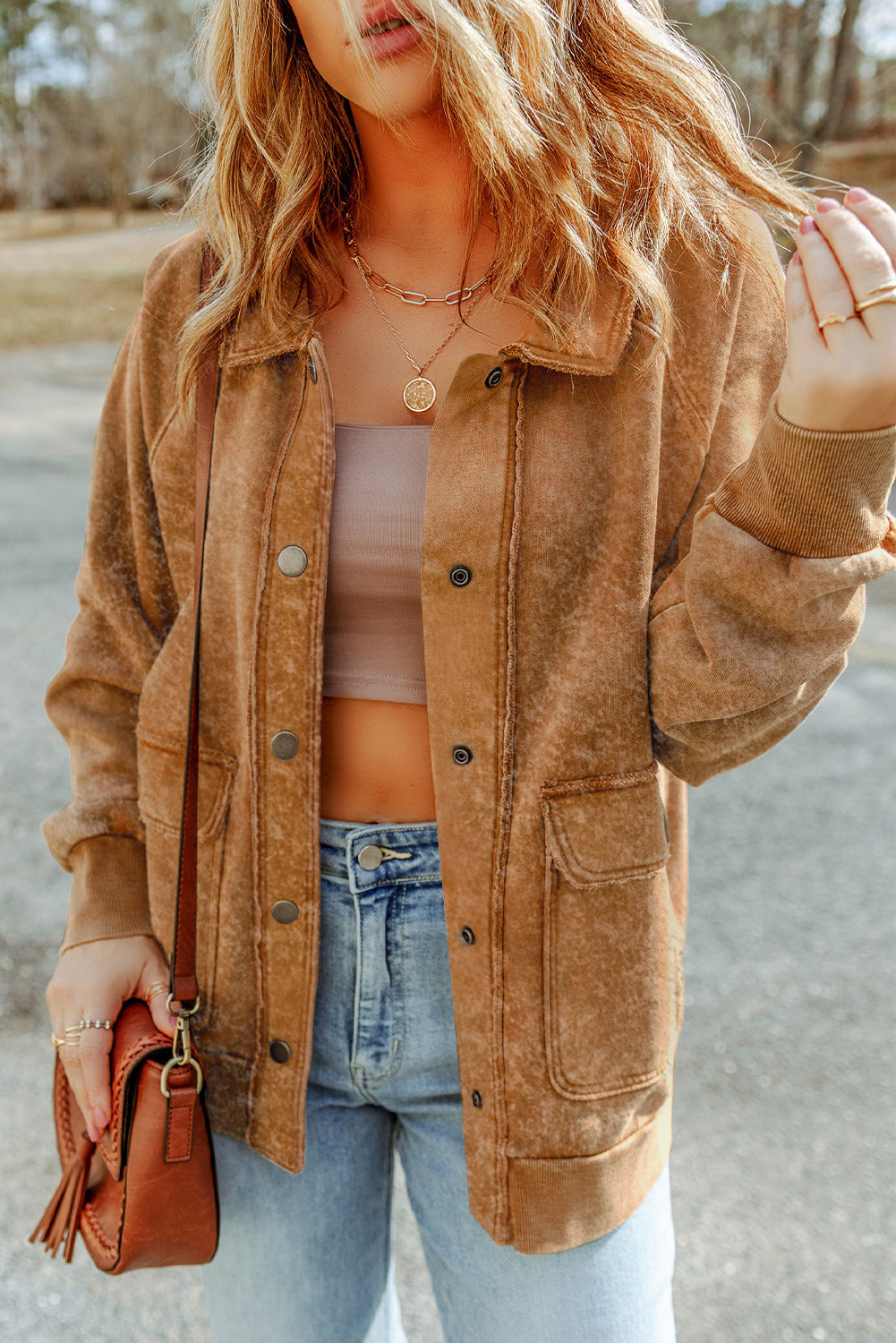 Women's Vintage Khaki Flap Pocket Shacket - Trendy Layering Jacket for Casual Fall Fashion and Everyday Style