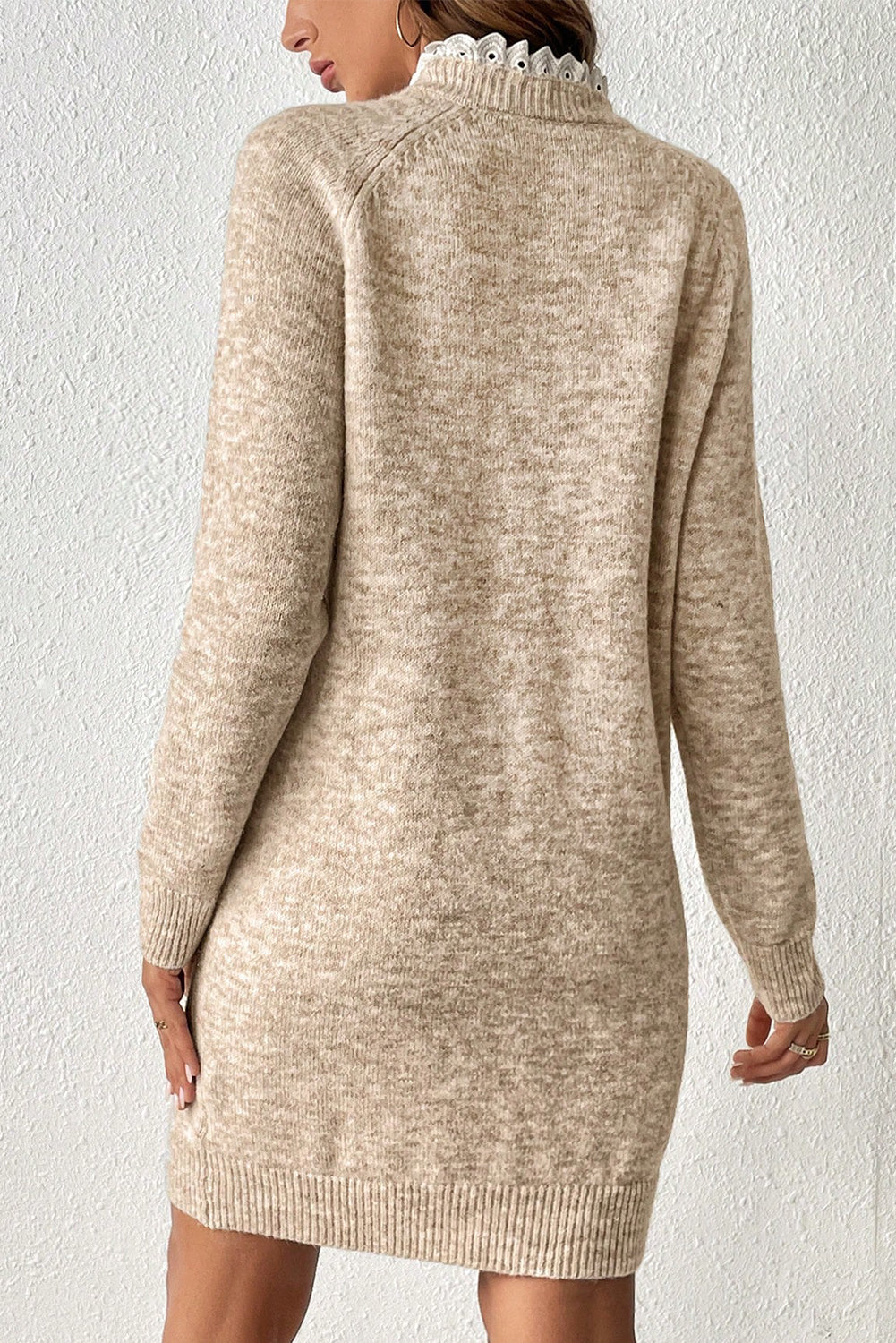 Women's Mini Sweater Dress in Parchment with Lace Details, Button Accents, and Raglan Sleeves for Effortless Chic