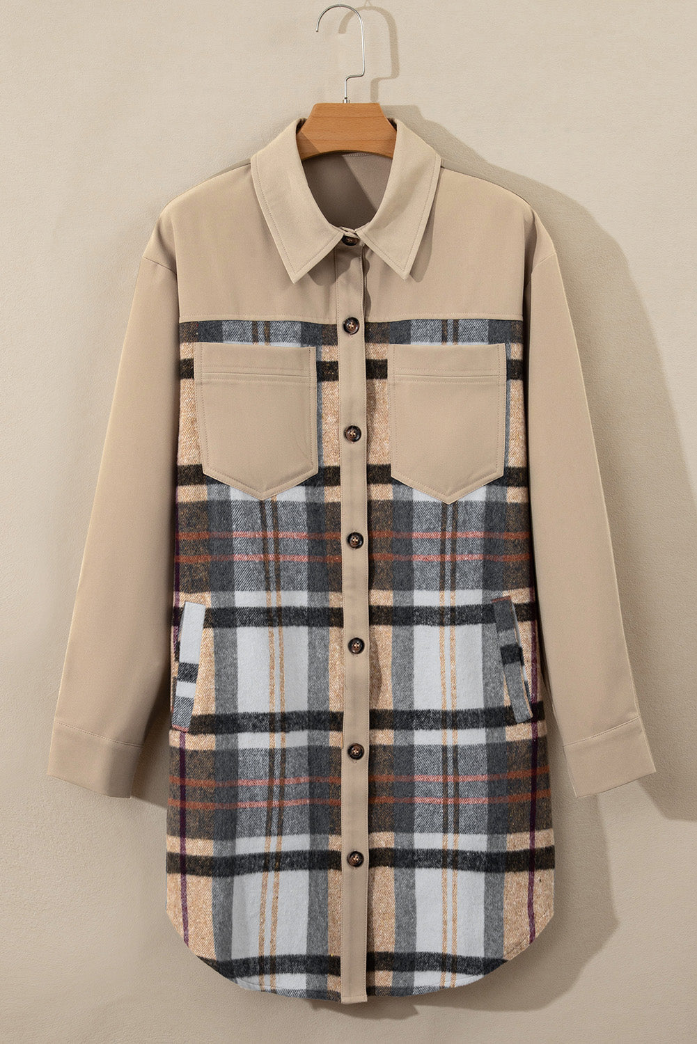 Chic Women's Khaki Plaid Mini Dress with Long Sleeves and Trendy Patchwork Detail for Effortless Casual Style