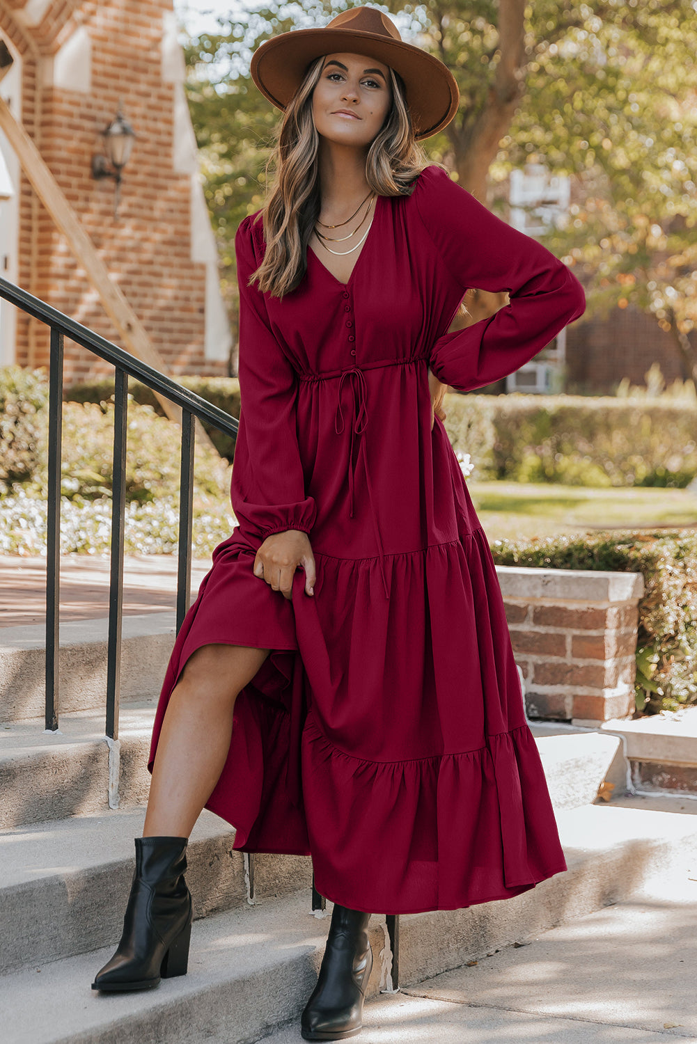 Elegant Burgundy Long Sleeve V-Neck Tiered Maxi Dress for Women Flowy Fit Perfect for Parties and Special Occasions