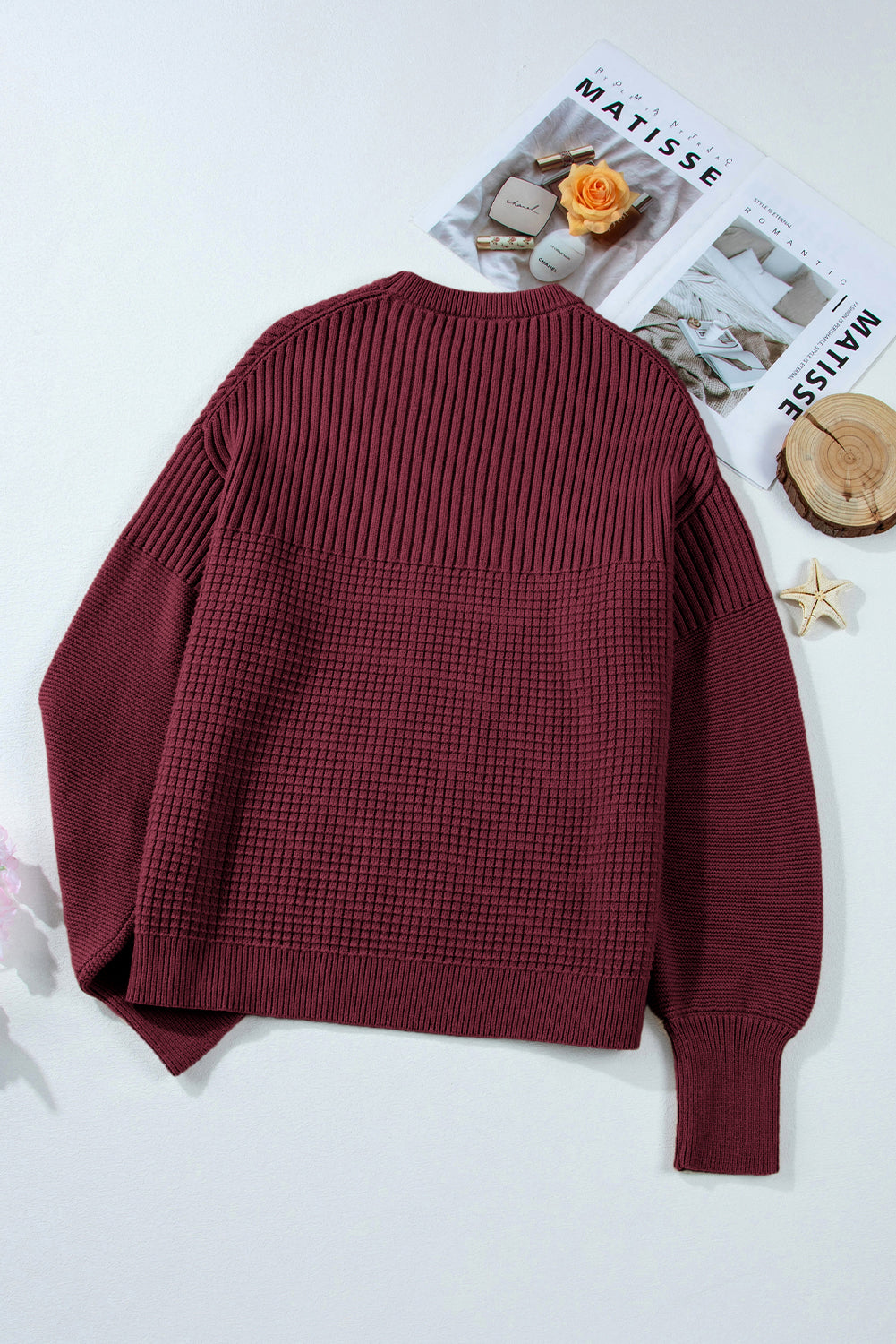 Chic Burgundy Textured Knit Crew Neck Sweater for Women - Cozy, Comfortable Fit Perfect for Casual or Dressy Looks