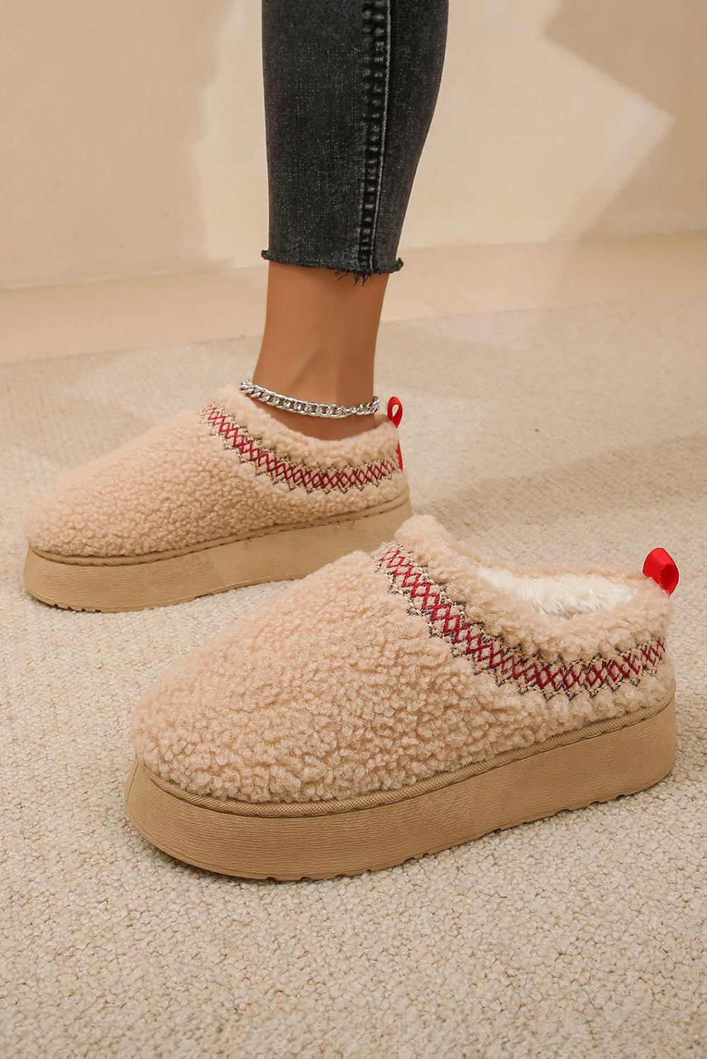 Cozy Women's Oatmeal Sherpa Snow Boots with Embroidery and Thick Sole for Stylish Winter Comfort
