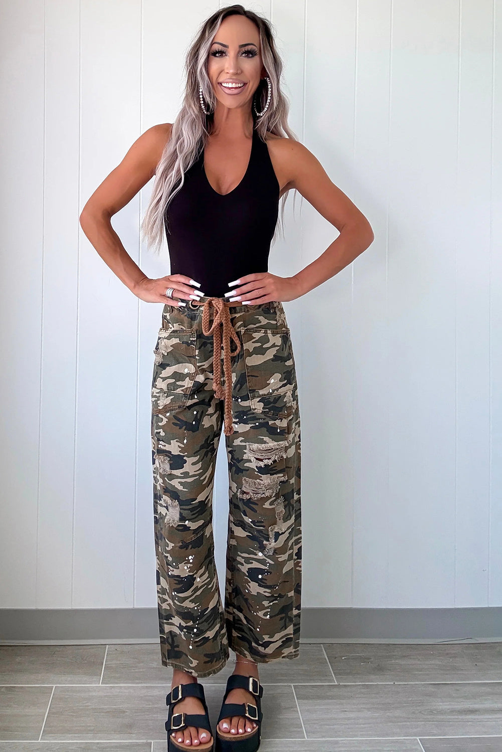 Trendy Women's Green Camouflage Distressed Denim Pants - Casual Loose Fit for Effortless Everyday Style