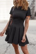 Stylish Women's Black Mini Dress with Pleated Ruffle Hem - Flattering Short Sleeve Design for Every Occasion