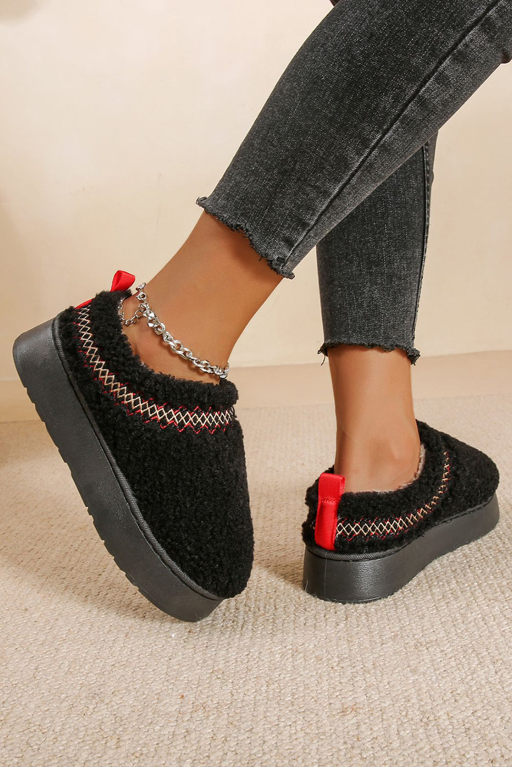 Women's Embroidered Black Sherpa Plush Snow Boots with Thick Sole for Cozy Comfort and Chic Winter Style