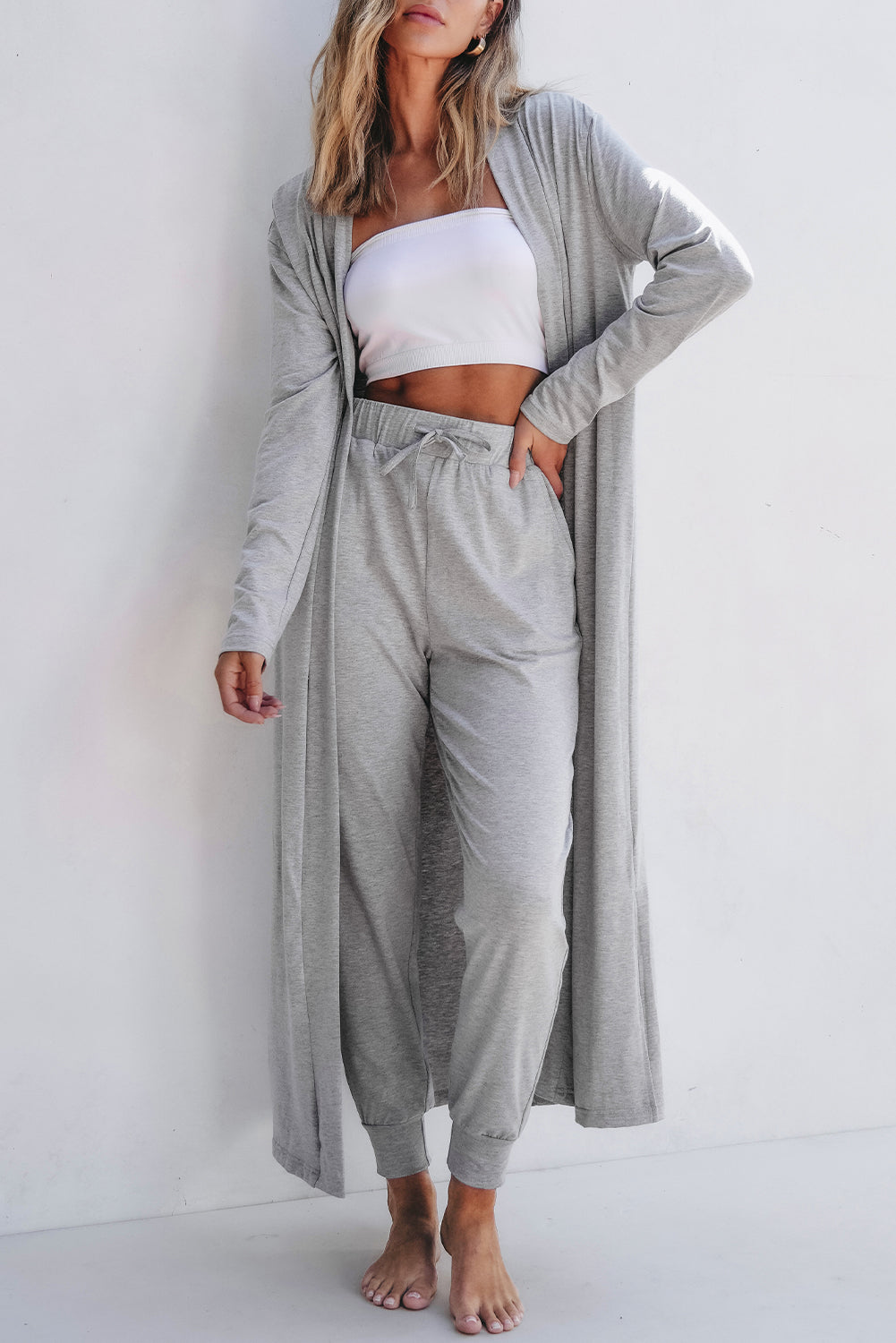 Women's Light Grey Split Long Cardigan with Skinny Pants - Cozy Lounge Set for Relaxed Style and Comfort