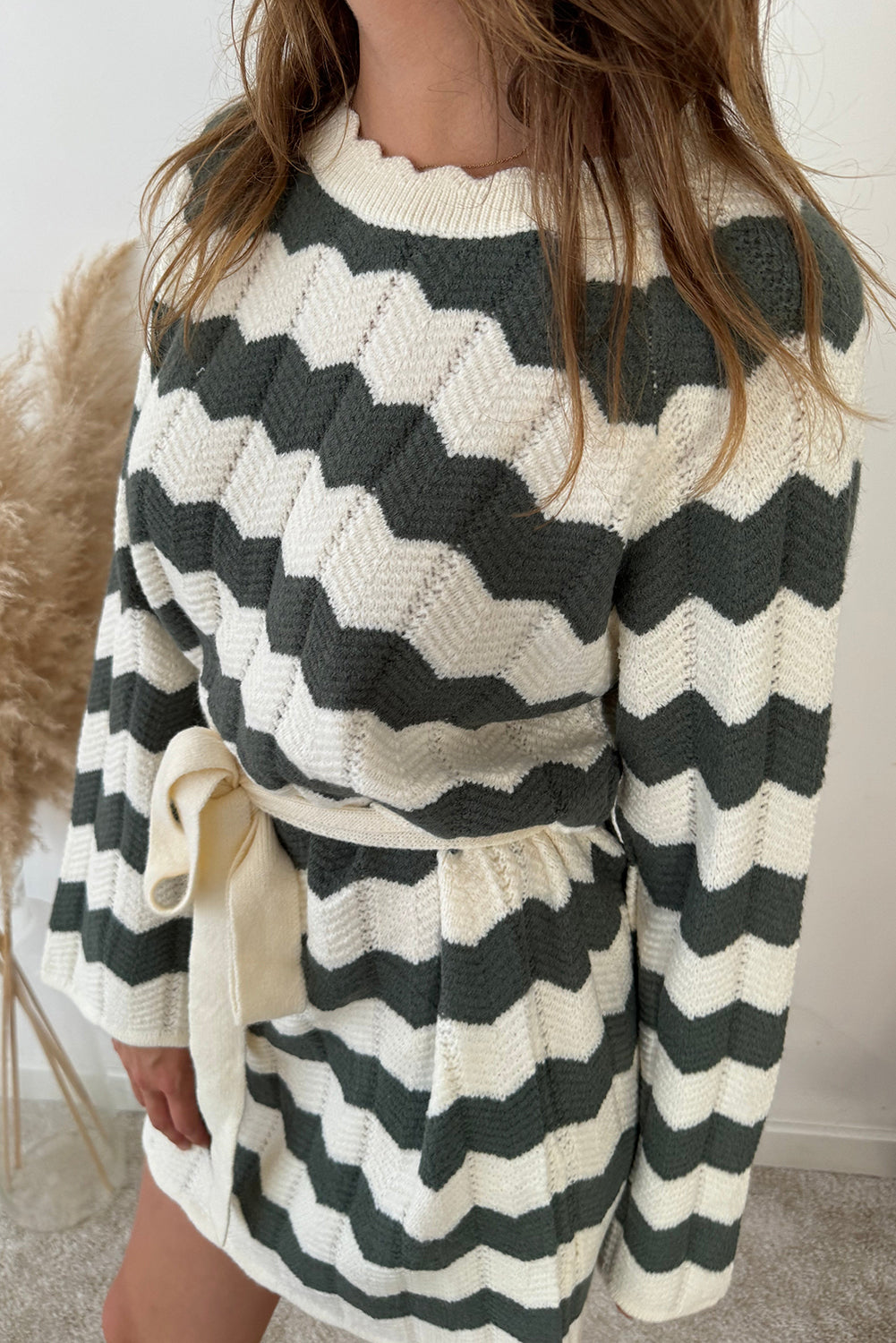 Women's Casual Chic Green Stripe Loose-Fit Belted Sweater Dress with Long Sleeves for Effortless Style