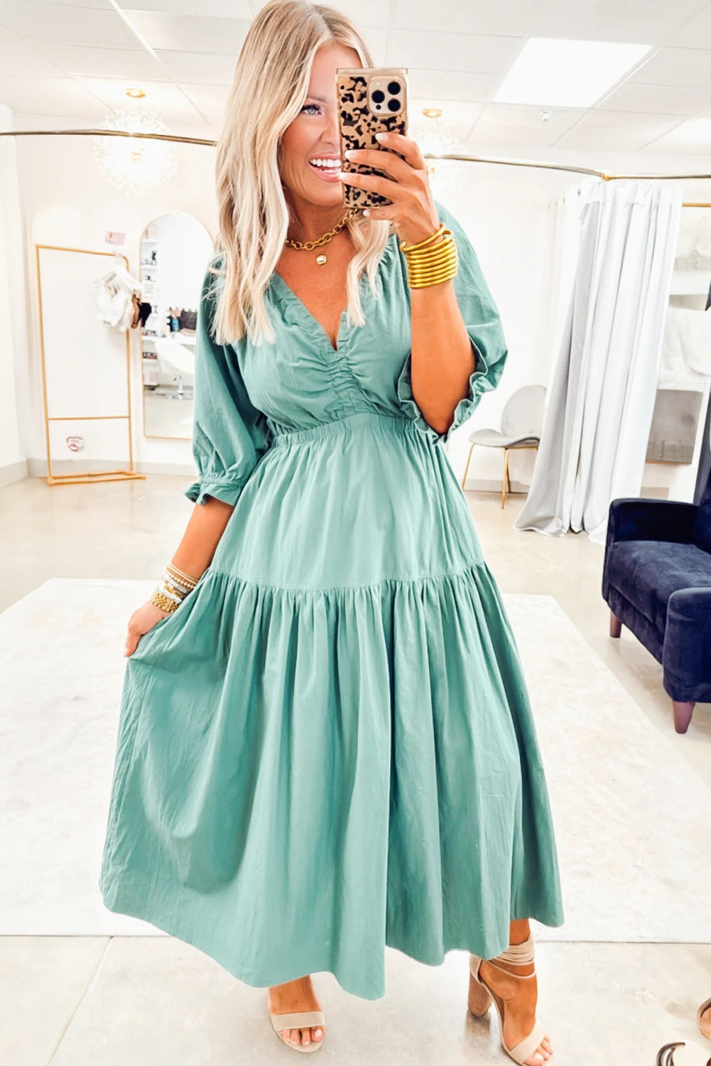 Elegant Women's Canton Color Flared Long Dress with V-Neck, Frilled Puff Sleeves, and Cinched Waist for Summer Style