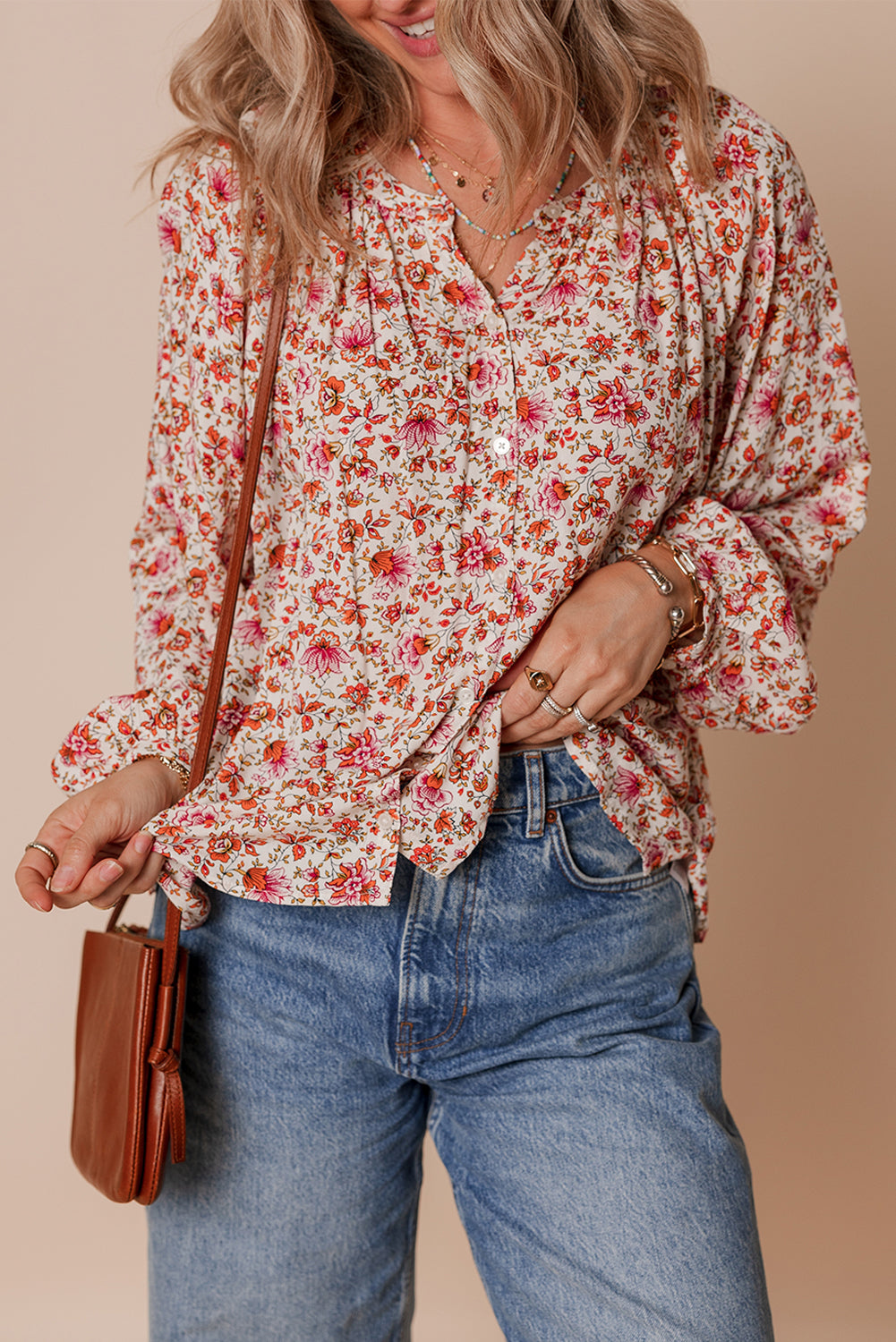 Elegant Women's Red Floral Blouse - Lightweight Short Sleeve Top with Feminine Touch for Casual and Dressy Events