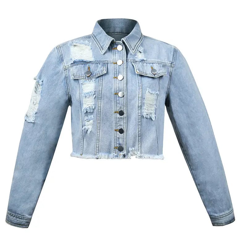 Women's Distressed Cropped Denim Jacket in Light Wash Blue