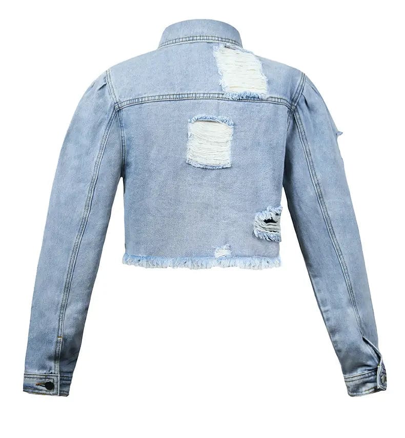 Women's Distressed Cropped Denim Jacket in Light Wash Blue
