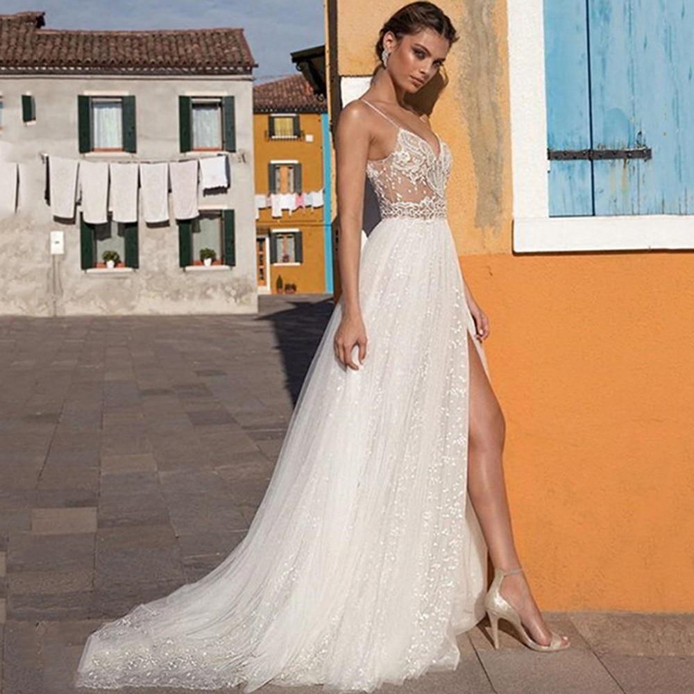 Boho Beaded Lace Beach Wedding Dress – Sparkling Bohemian Elegance, Custom Made