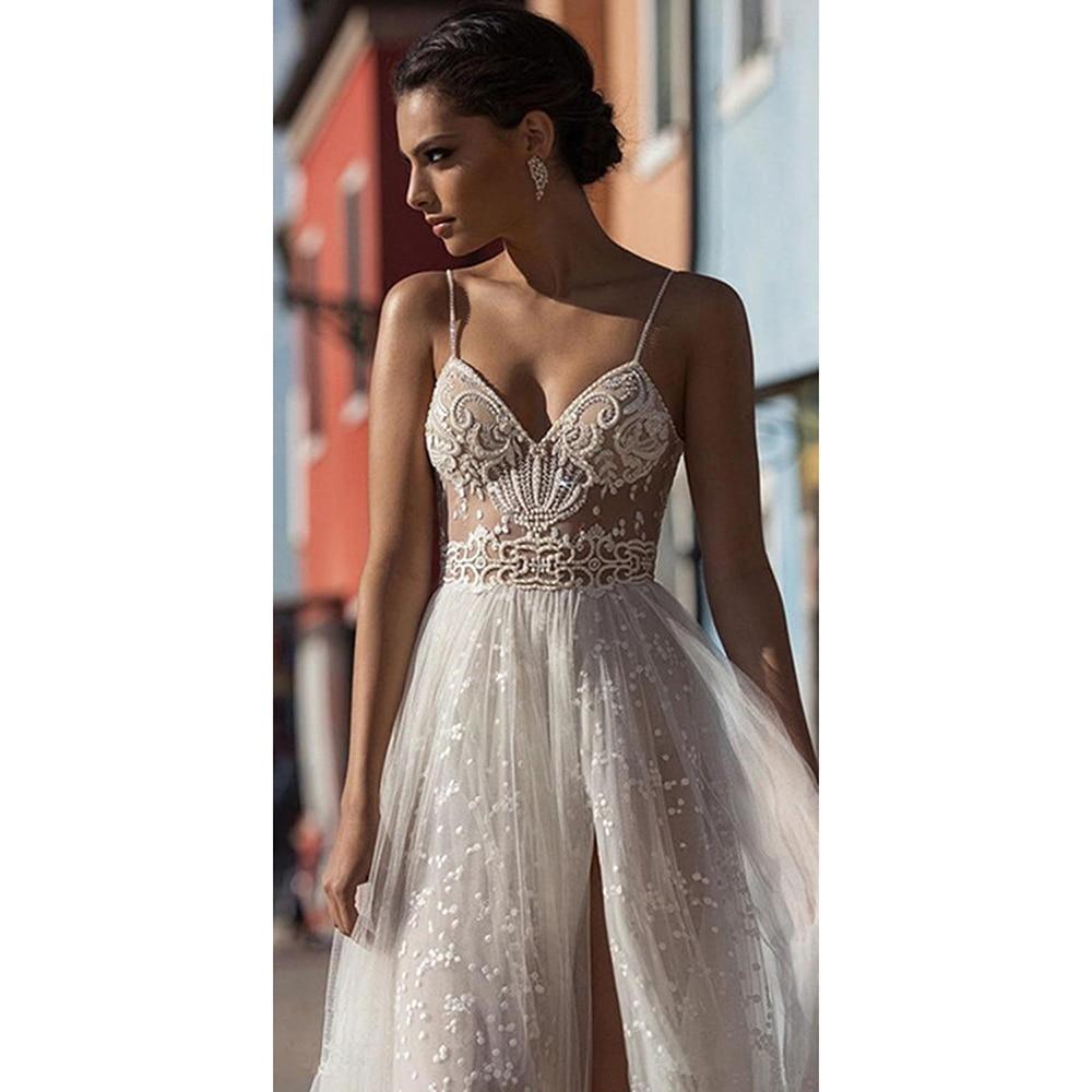 Boho Beaded Lace Beach Wedding Dress – Sparkling Bohemian Elegance, Custom Made
