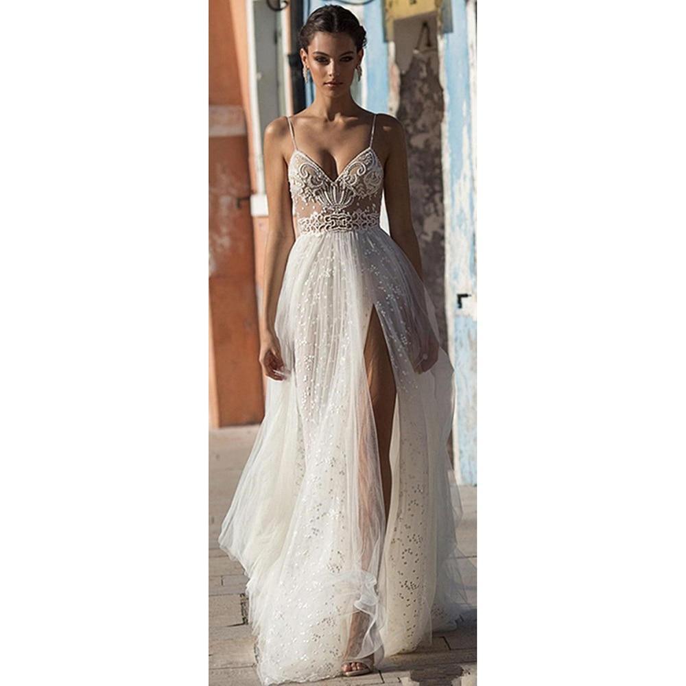 Boho Beaded Lace Beach Wedding Dress – Sparkling Bohemian Elegance, Custom Made