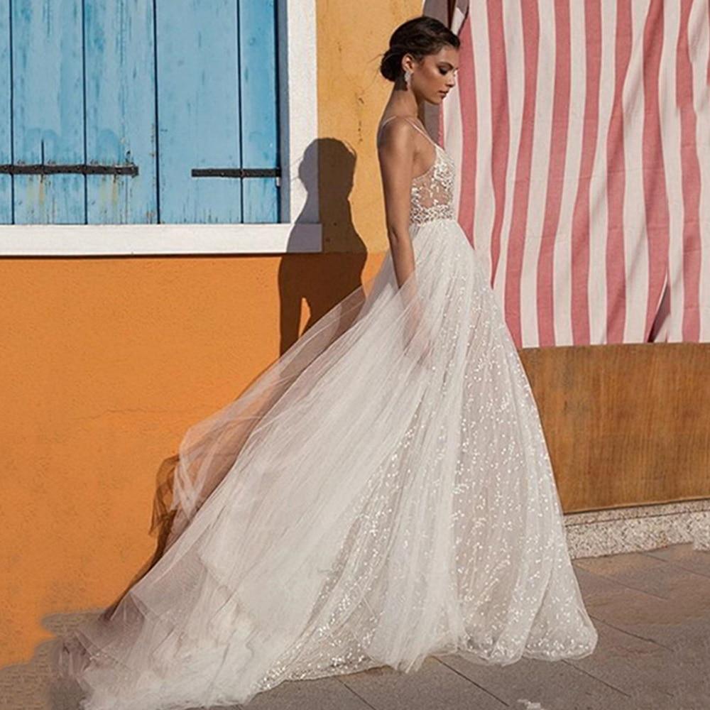 Boho Beaded Lace Beach Wedding Dress – Sparkling Bohemian Elegance, Custom Made