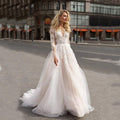Long Sleeve Boho V-Neck Wedding Dress – Ivory Lace Appliqués & Romantic Beach Style, Custom Made