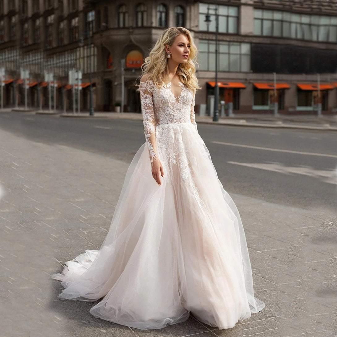 Long Sleeve Boho V-Neck Wedding Dress – Ivory Lace Appliqués & Romantic Beach Style, Custom Made