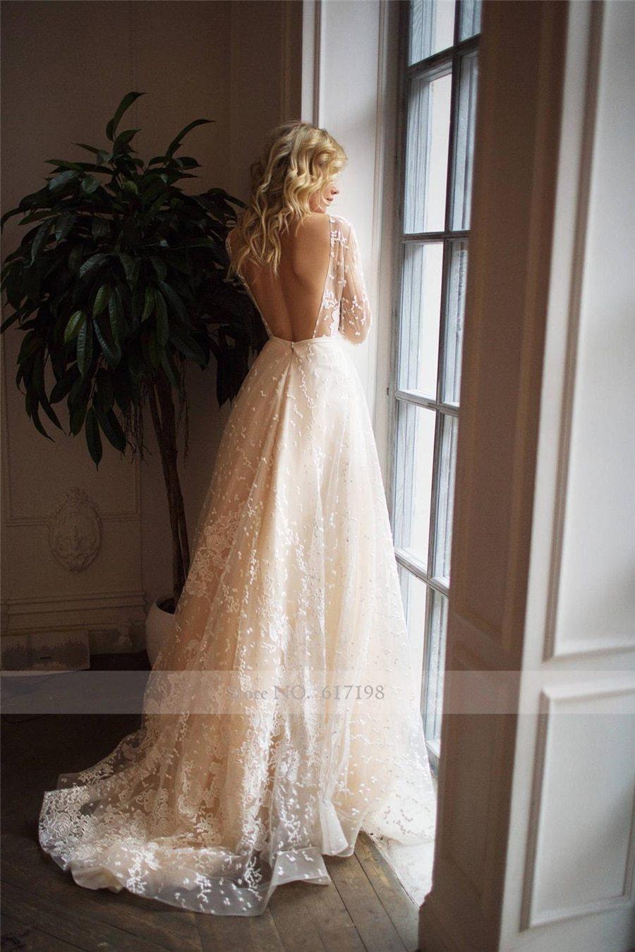 Long Sleeve Champagne Wedding Dress – Sexy Open Back Bridal Design, Custom Made