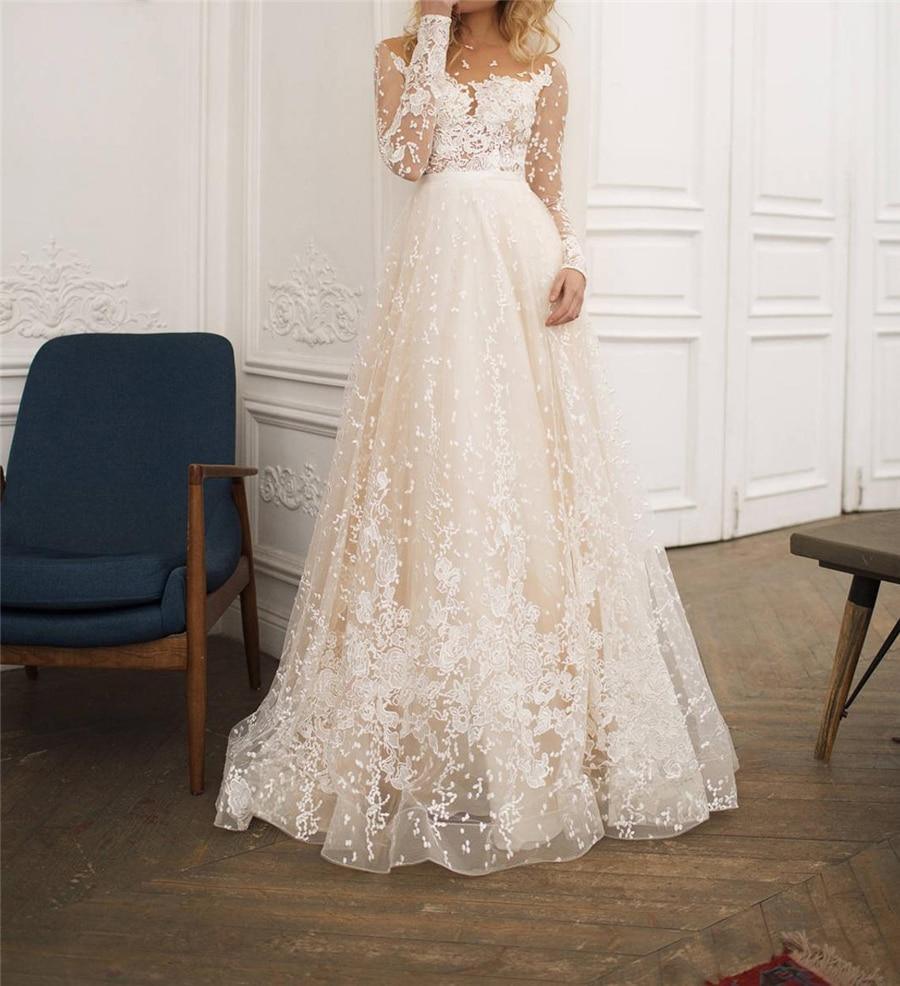 Long Sleeve Champagne Wedding Dress – Sexy Open Back Bridal Design, Custom Made