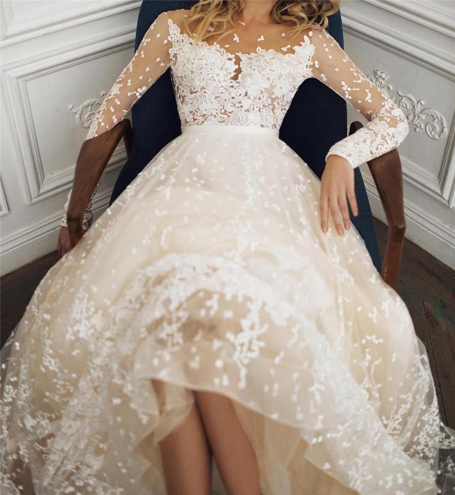 Long Sleeve Champagne Wedding Dress – Sexy Open Back Bridal Design, Custom Made