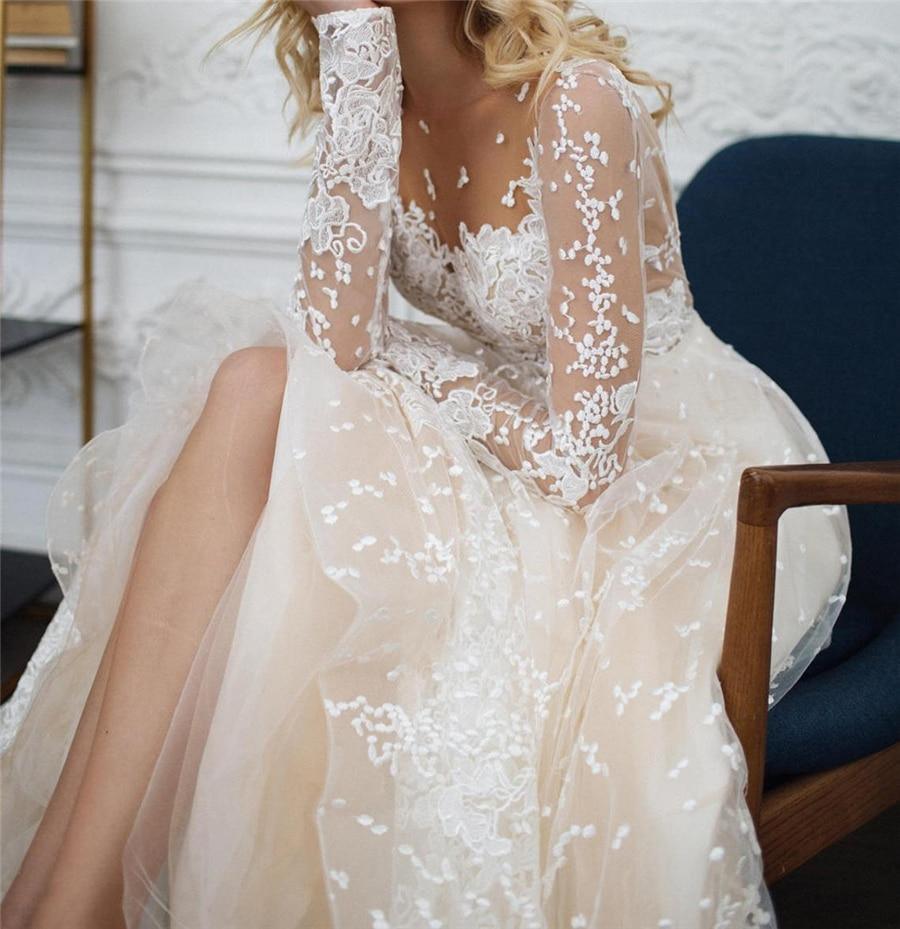 Long Sleeve Champagne Wedding Dress – Sexy Open Back Bridal Design, Custom Made