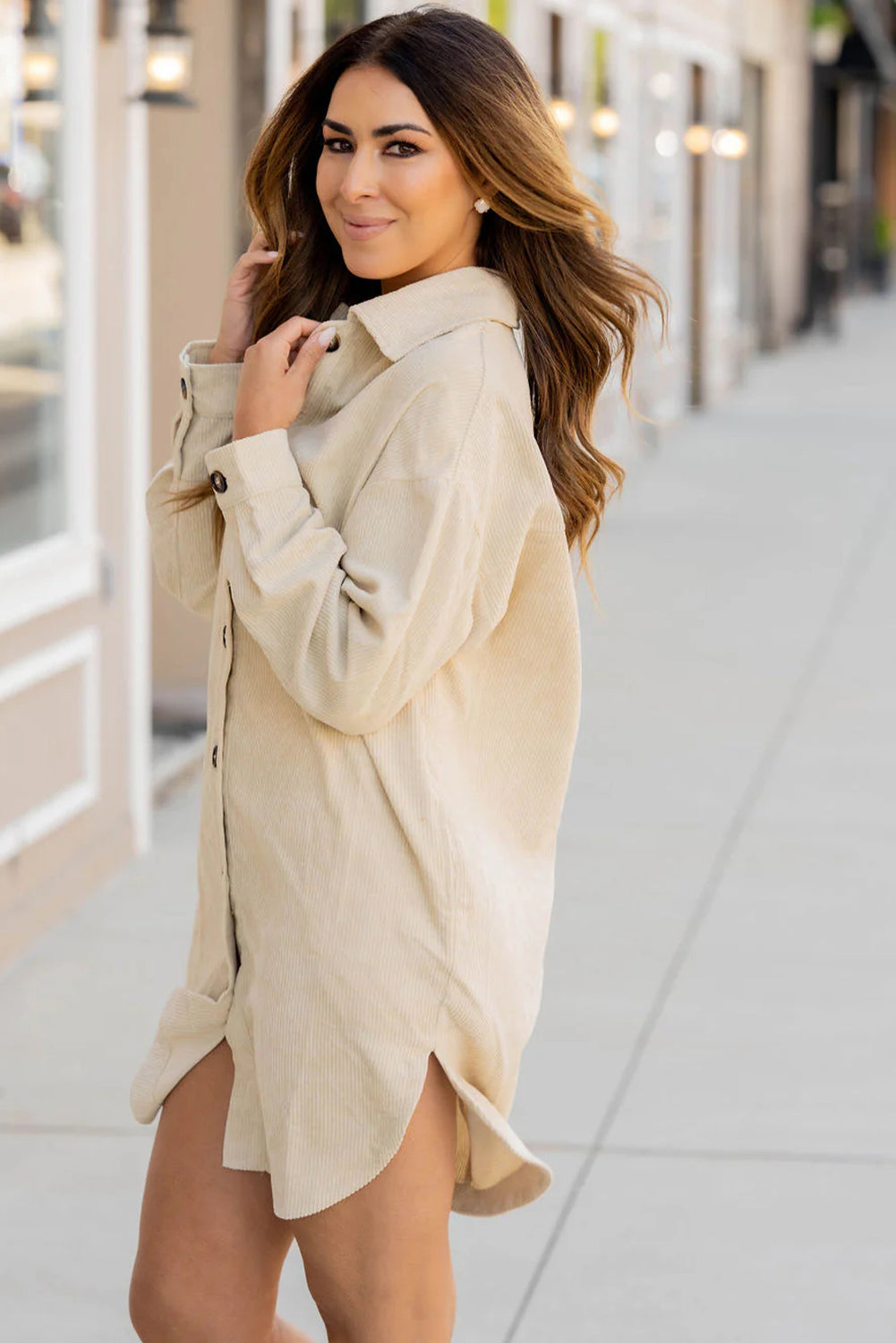 Trendy Women's Oversized Jet Stream Corduroy Shacket with Side Slits - Stylish Casual Fall Layering Jacket