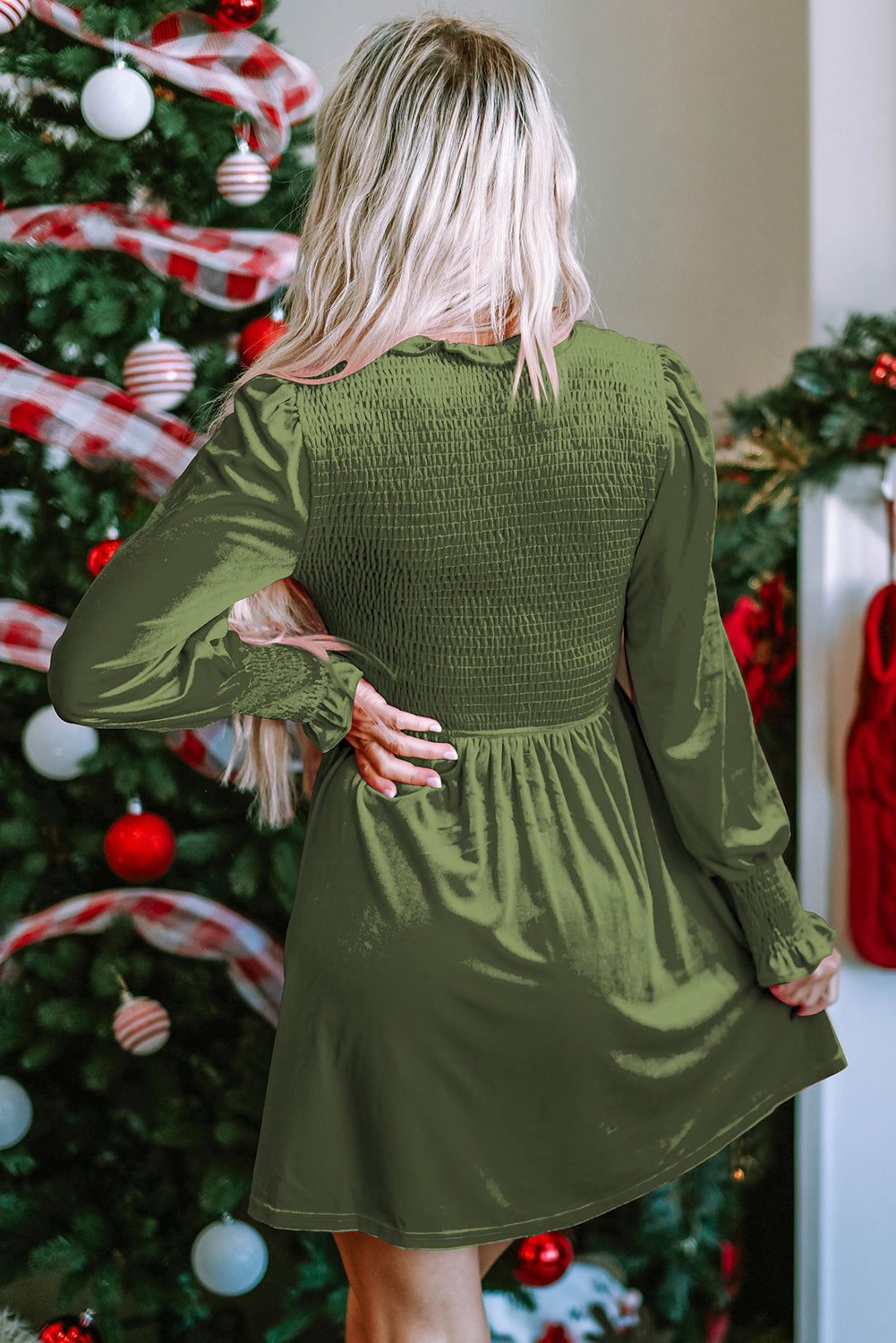 Elegant Moss Green Velvet Dress for Women with Frilled Neck, Smocked Bodice, and Flattering Fit for Special Occasions