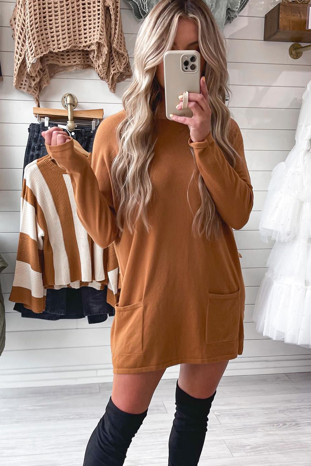 Chestnut Long Sleeve Mini Dress for Women with Drop Shoulder and Pockets Casual Chic Everyday Style