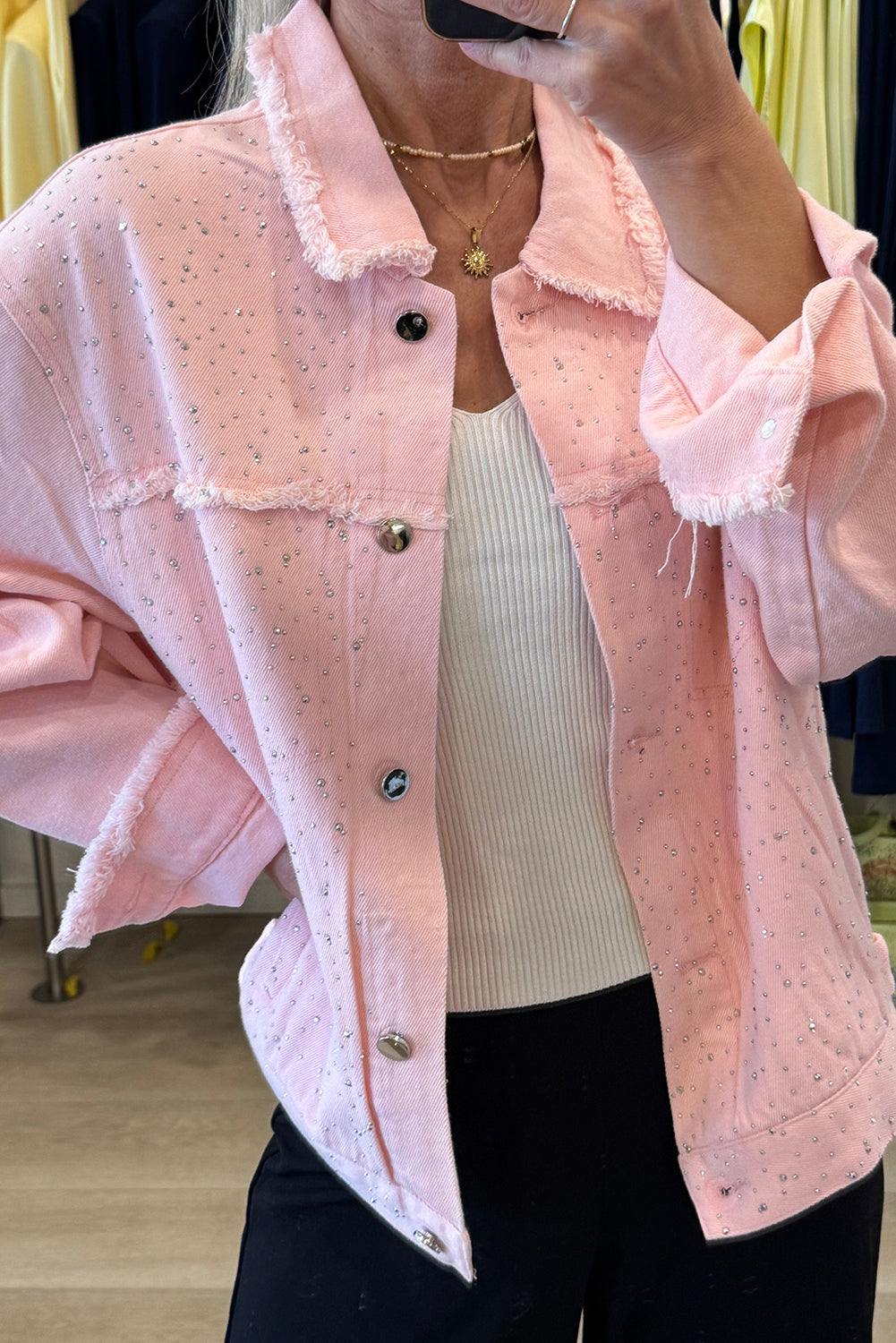 Trendy Women's Light Pink Loose Denim Jacket with Rhinestone Accents and Raw Edge for Casual Style
