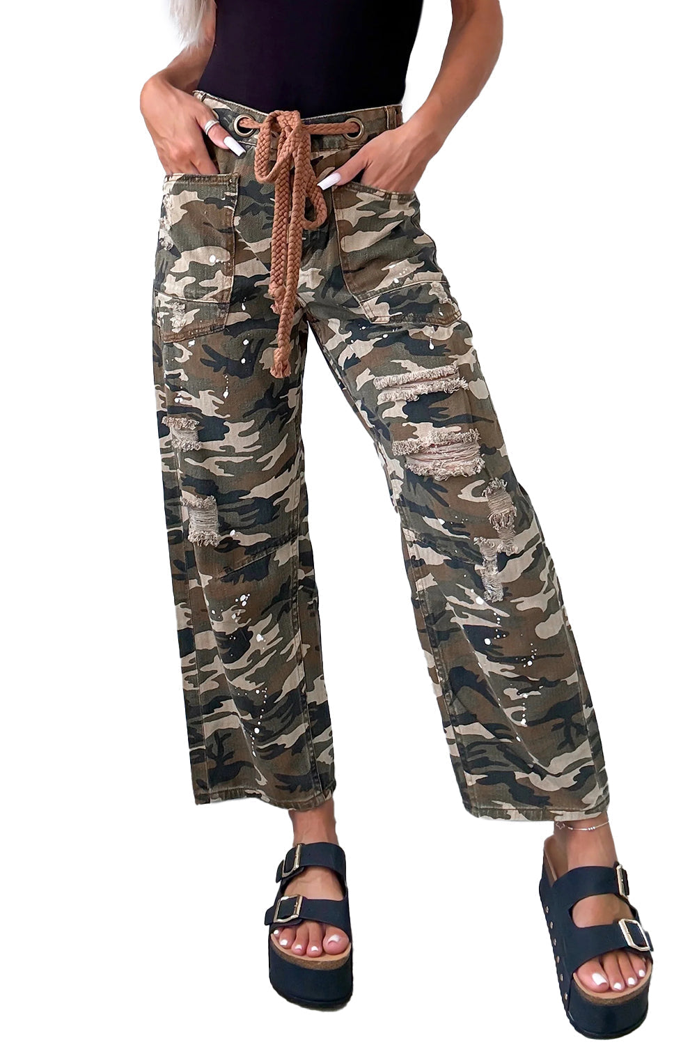 Trendy Women's Green Camouflage Distressed Denim Pants - Casual Loose Fit for Effortless Everyday Style