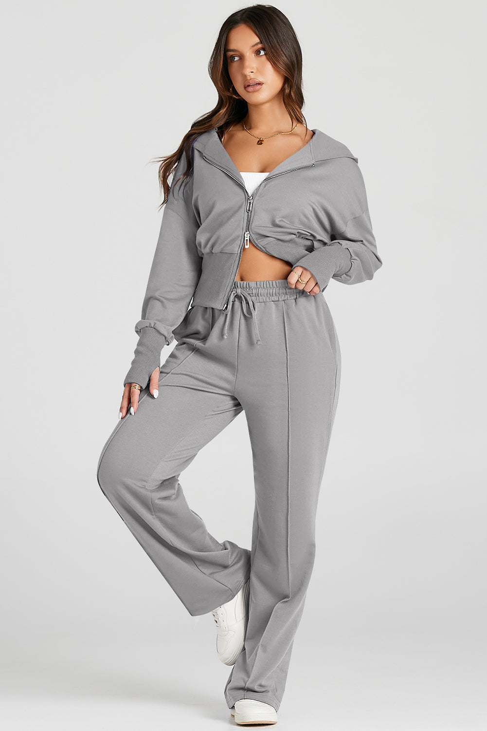 Women's Gray Hooded Jacket & Sweatpants Activewear Set Stylish Comfort for Casual Outings and Workouts
