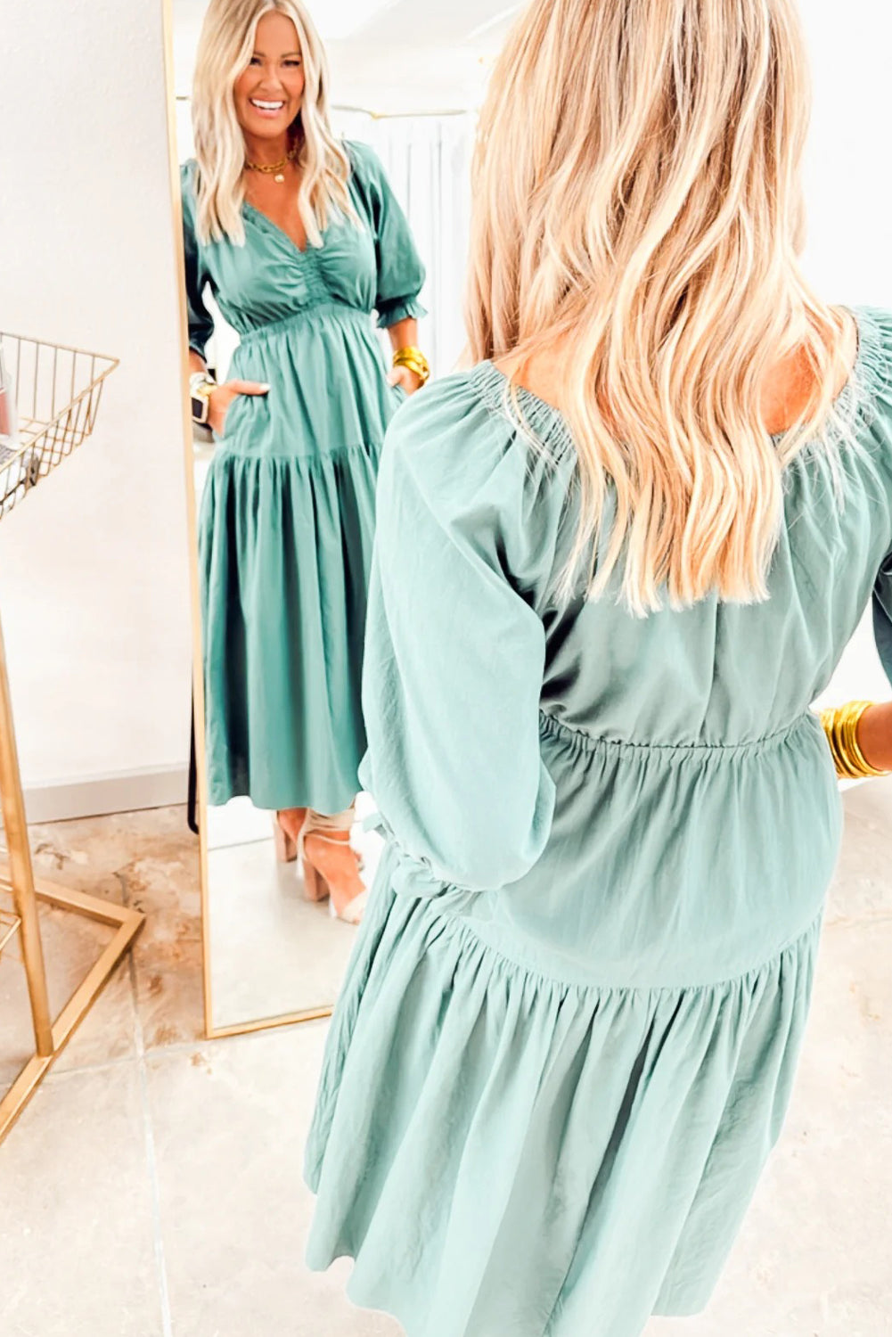 Elegant Women's Canton Color Flared Long Dress with V-Neck, Frilled Puff Sleeves, and Cinched Waist for Summer Style