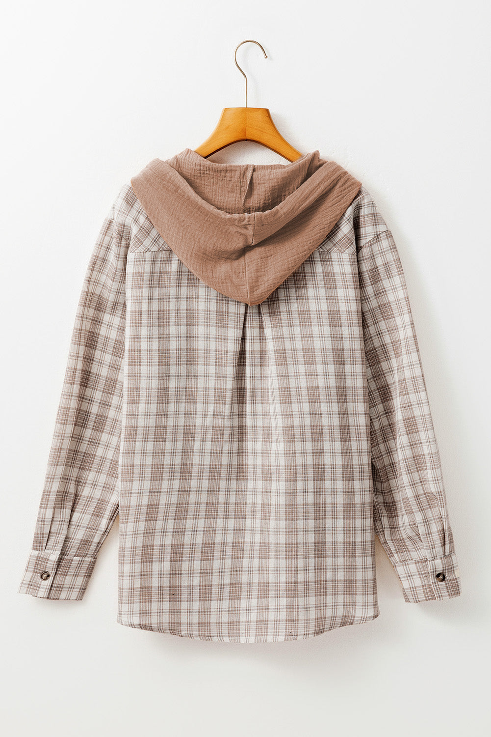 Stylish Women's Khaki Checkered Hooded Shacket - Casual Loose Fit Jacket for Trendy Fall Layering Outfits