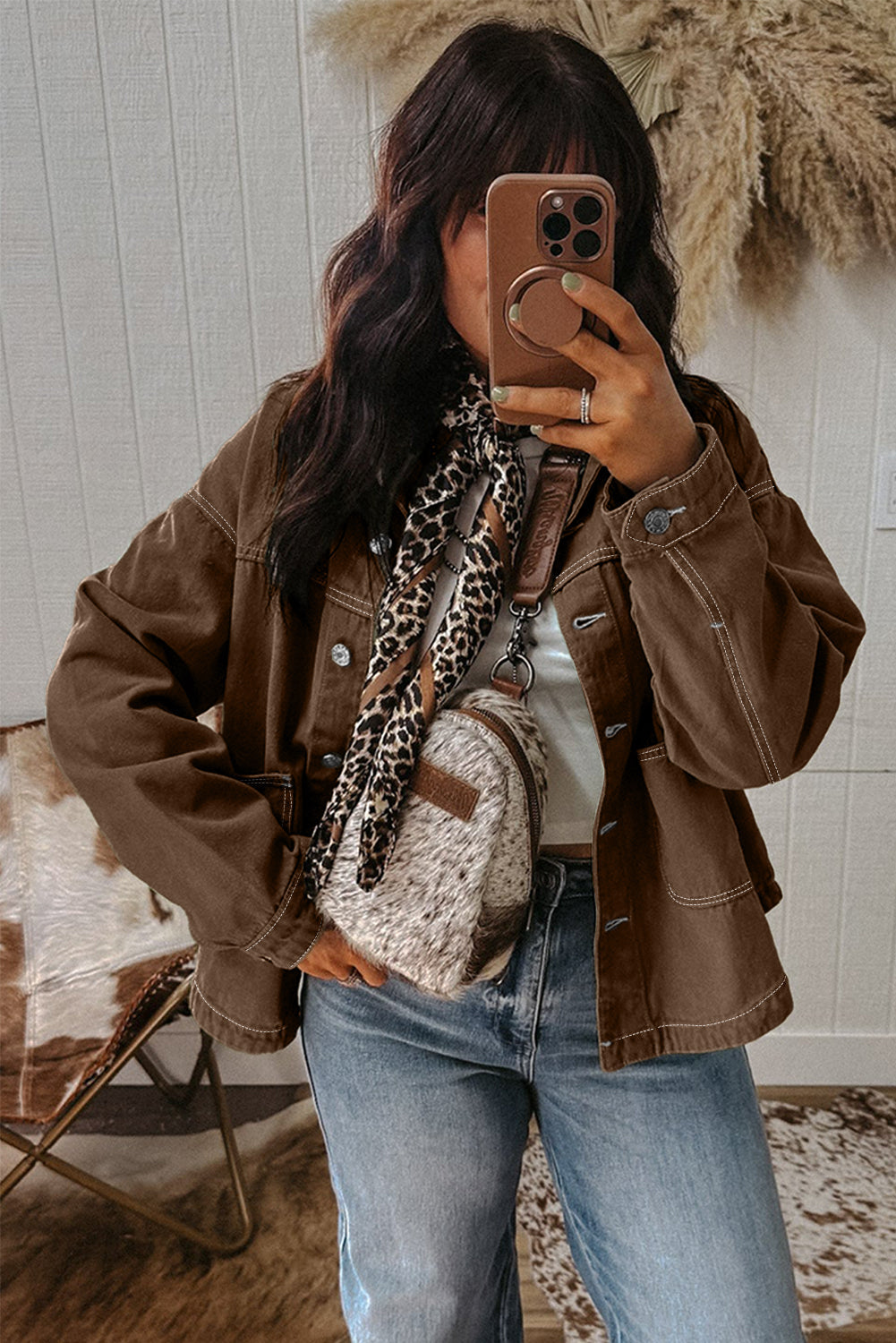 Trendy Women's Coffee Denim Jacket with Patched Pockets, Collared Button Front, Relaxed Fit for Effortless Style