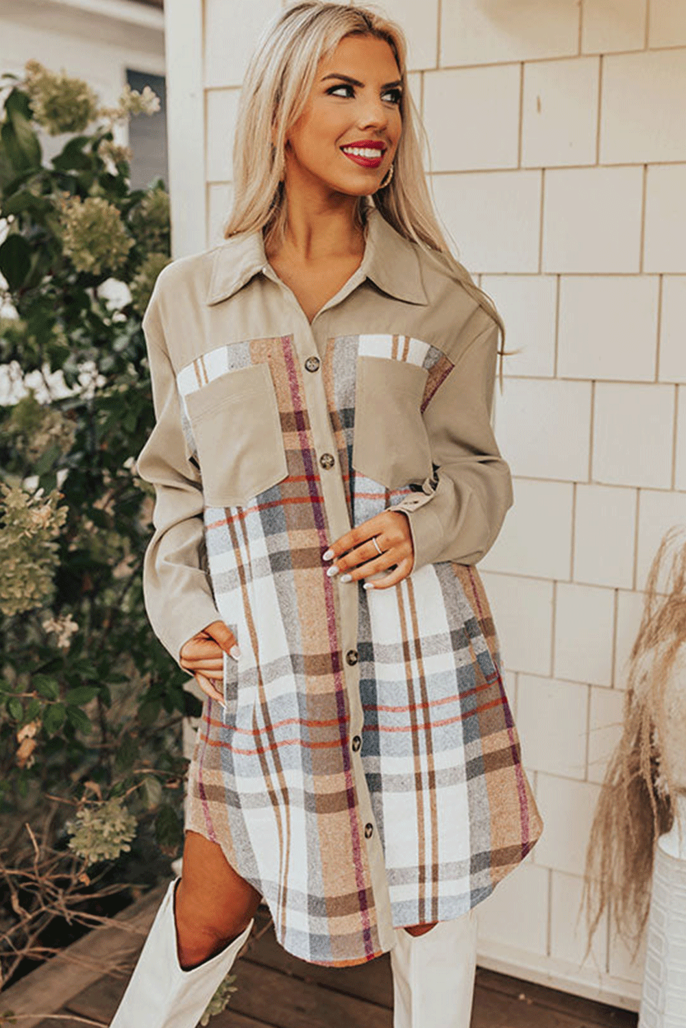 Chic Women's Khaki Plaid Mini Dress with Long Sleeves and Trendy Patchwork Detail for Effortless Casual Style