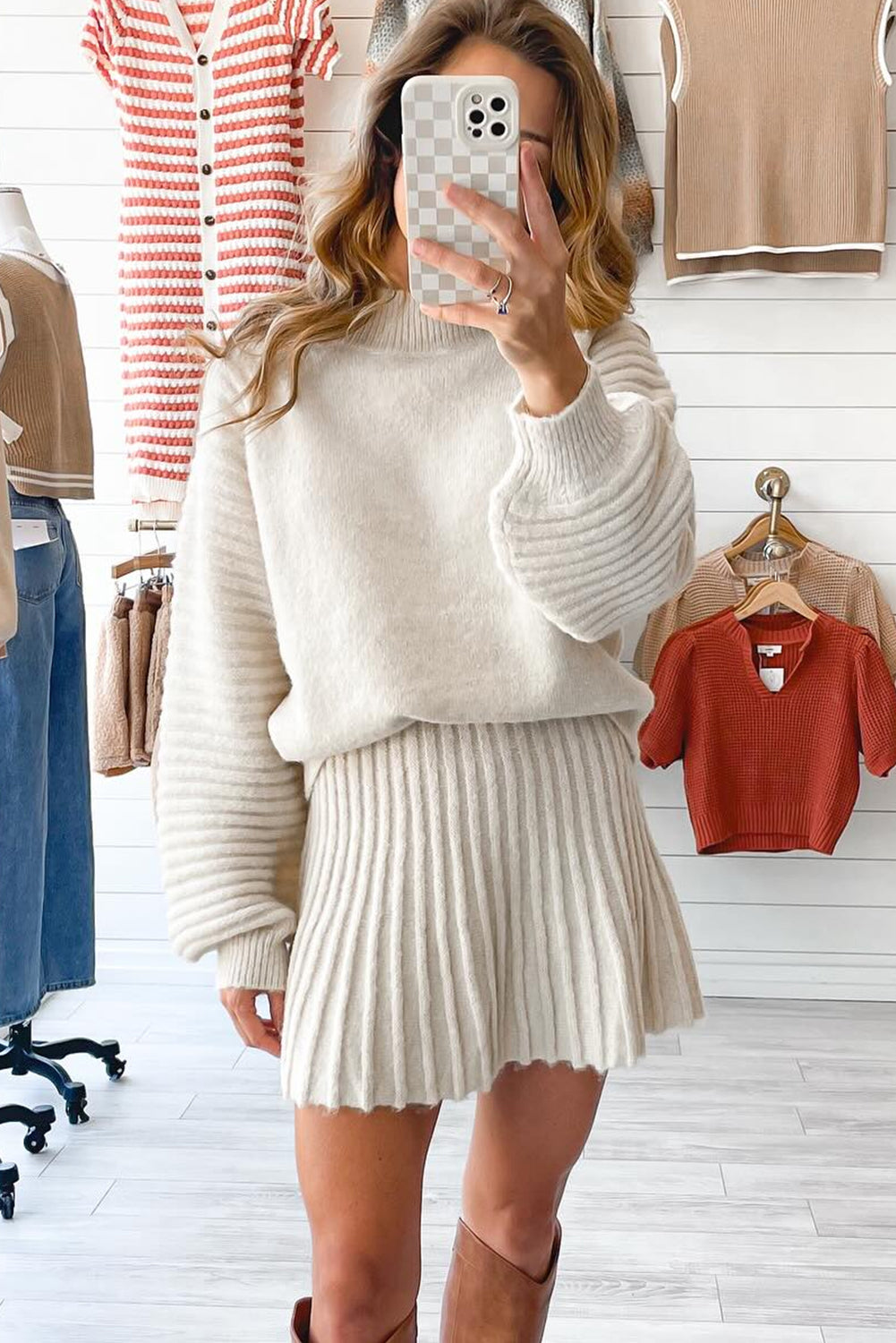 Stylish Women's Beige High Neck Puff Sleeve Sweater and Pleated Mini Skirt Set - Trendy 2-Piece Knitted Outfit