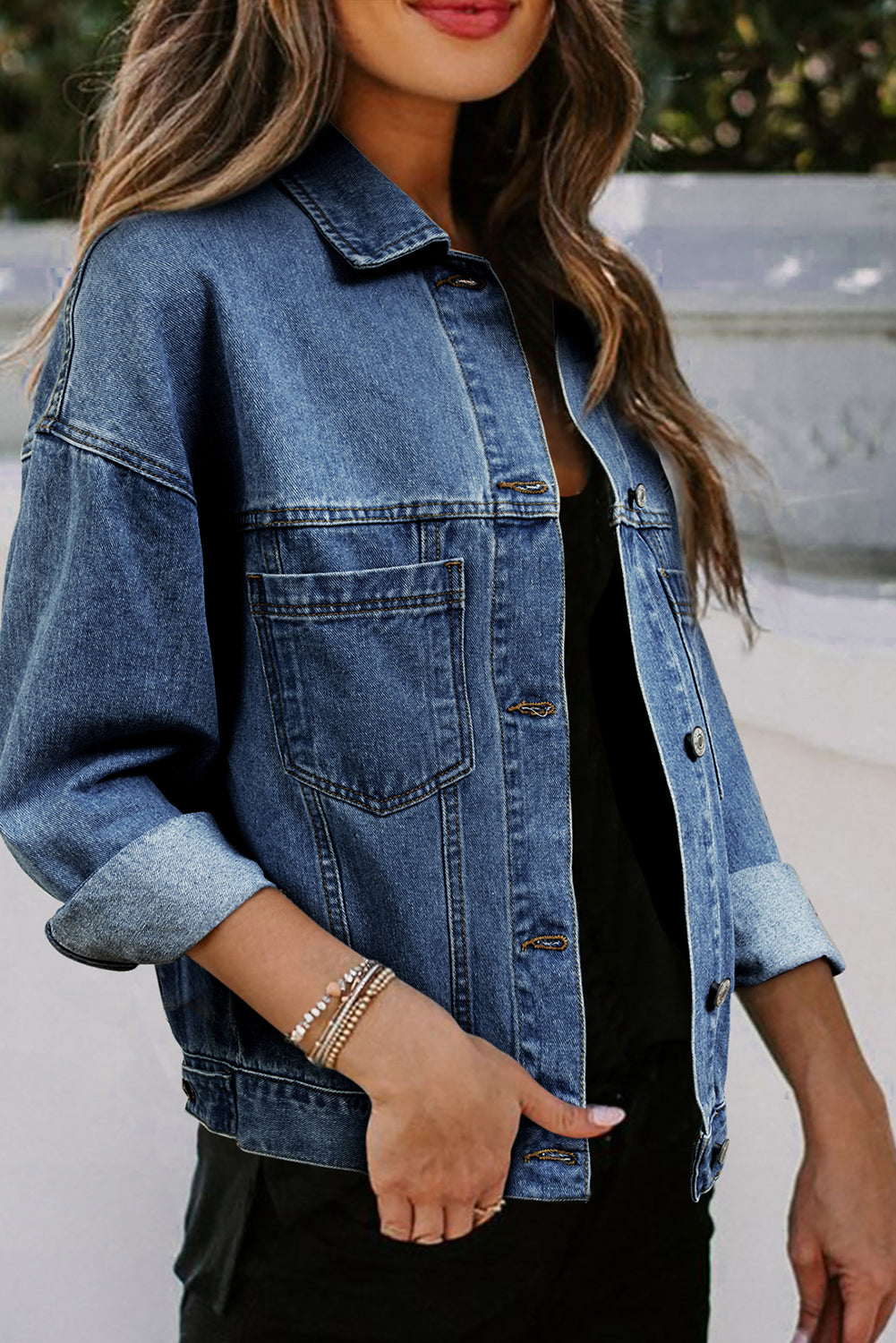 Trendy Women's Oversized Dark Blue Denim Jacket with Functional Pockets for Casual Everyday Wear