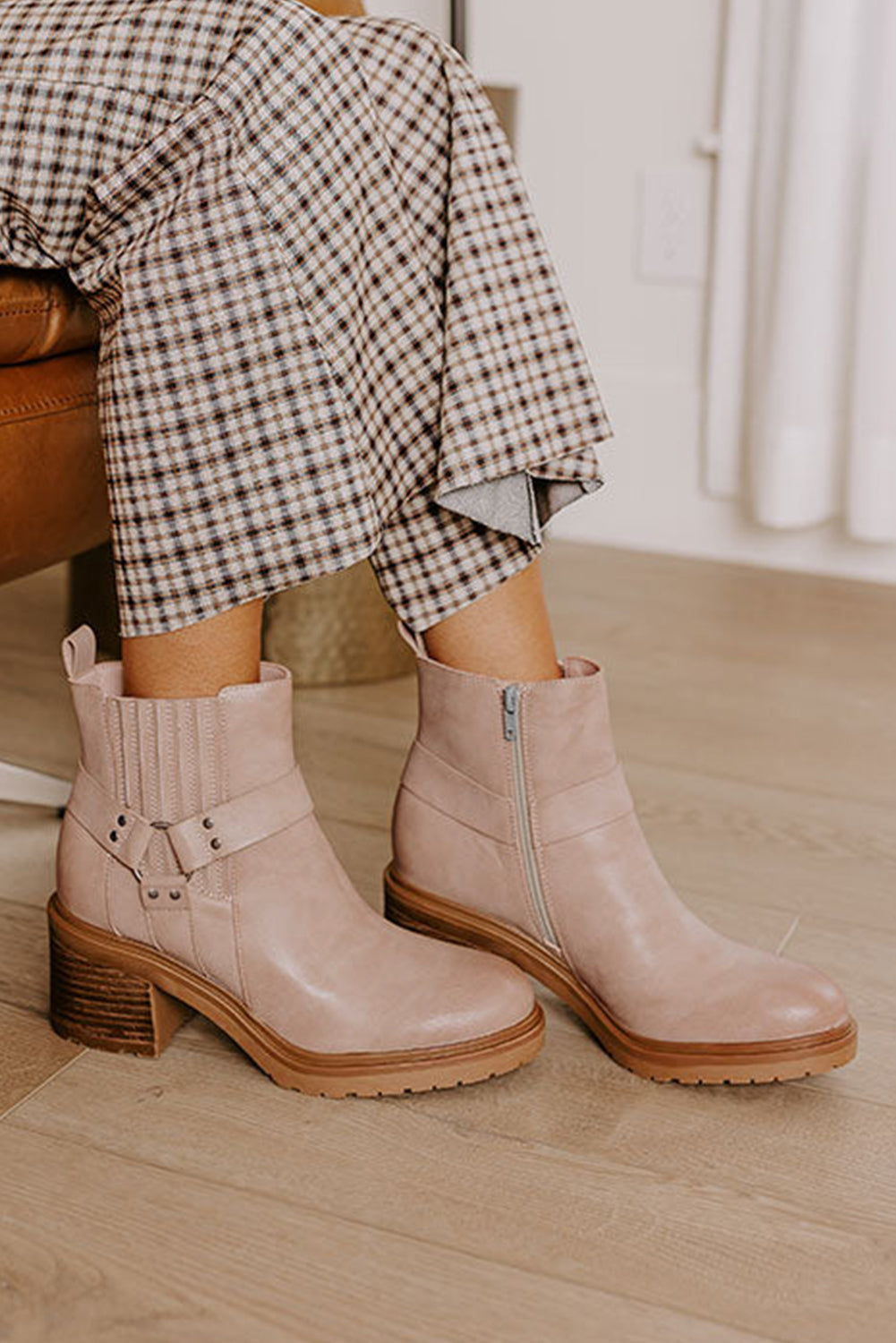 Beige Chunky Heel Ankle Boots for Women with Stylish Ring Zipper - Comfortable Footwear Perfect for Any Occasion
